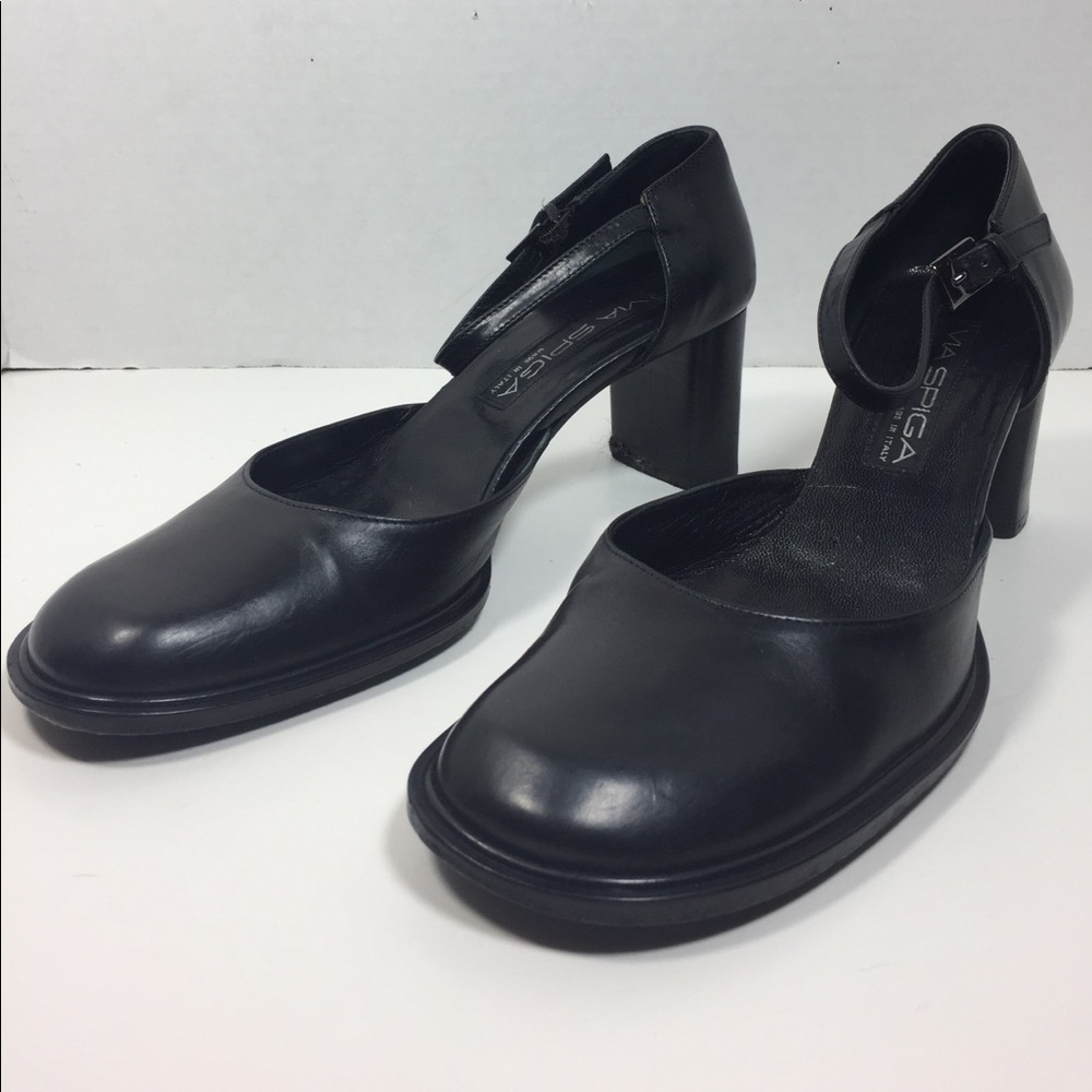 Via Spiga Black Leather Ankle Strap Block Heel Pumps